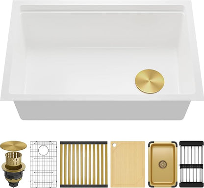 MILOSEN White Undermount Kitchen Sink, 27×18 Inch Integrated Workstation Ledge with Offset Drain, Granite Composite 9 Inch Under Counter Single Bowl Sinks Basin, Deep Quartz Sink with Accessories