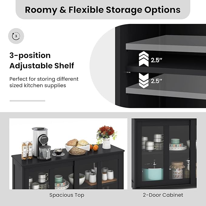 NAFORT Wooden Buffet Cabinet Sideboard with Sliding Doors, Kitchen Storage Console Table, Accent Coffee Bar with Adjustable Shelf for Living Room, Dining Room (Black, 13" D x 42" W x 24.5" H)