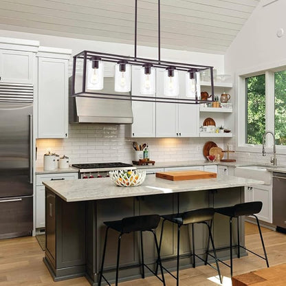 VINLUZ 5-Light Kitchen Island Chandeliers Oil Rubbed Bronze Modern Linear Cage Pendant Lighting with Clear Glass Shades Farmhouse Ceiling Light Fixtures Hanging for Dining Room Living Room