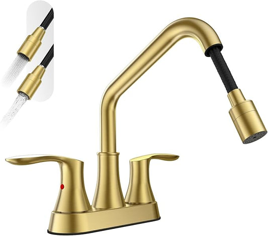 Phiestina Gold Utility Sink Faucet 3 Hole, Laundry Sink Faucet with Pull Out Sprayer, Long Spout Dual Handle Modern Bathroom Faucet, 4 Inch CenterSet Laundry & Utility Room Sink Faucets, LF36CL-2M-BG