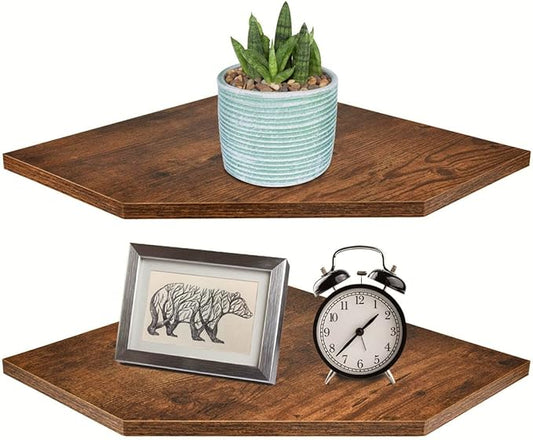 Homode Corner Shelf Wall Mount, Set of 2 Floating Corner Shelf Organizer for TV Accessories, Speaker, Cable Box, Game Console, Storage for Bathroom Kitchen Living Room Bedroom, Rustic Brown