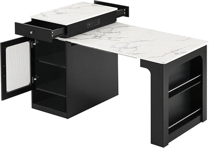 Modern Dining Table Kitchen Island with Extendable Table, Double-Sided, 2 Drawers, Power Outlet, Side Open Shelves, Wood Counter, Console,Black-MDF