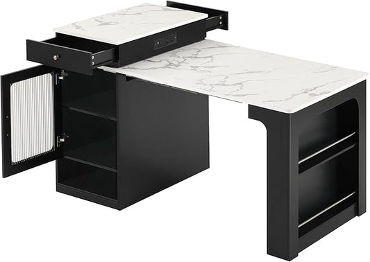 Modern Dining Table Kitchen Island with Extendable Table, Double-Sided, 2 Drawers, Power Outlet, Side Open Shelves, Wood Counter, Console,Black-MDF