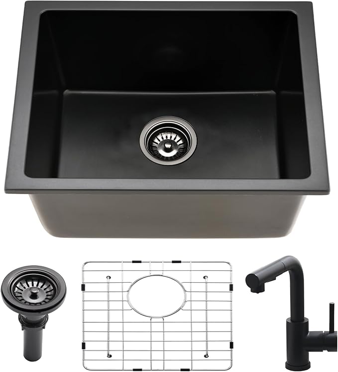 24 Inch Undermount Black Kitchen Sink-Bokaiya 24x19 Inch Undermount Wet Bar Sink Quartz Matte Black Small Outdoor Rv Kitchen Sink Granite Composite Single Bowl Kitchen Sink