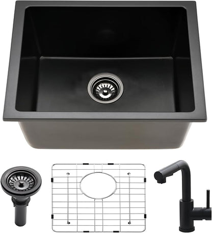 24 Inch Undermount Black Kitchen Sink-Bokaiya 24x19 Inch Undermount Wet Bar Sink Quartz Matte Black Small Outdoor Rv Kitchen Sink Granite Composite Single Bowl Kitchen Sink