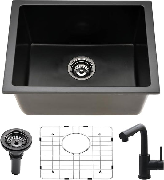 24 Inch Undermount Black Kitchen Sink-Bokaiya 24x19 Inch Undermount Wet Bar Sink Quartz Matte Black Small Outdoor Rv Kitchen Sink Granite Composite Single Bowl Kitchen Sink