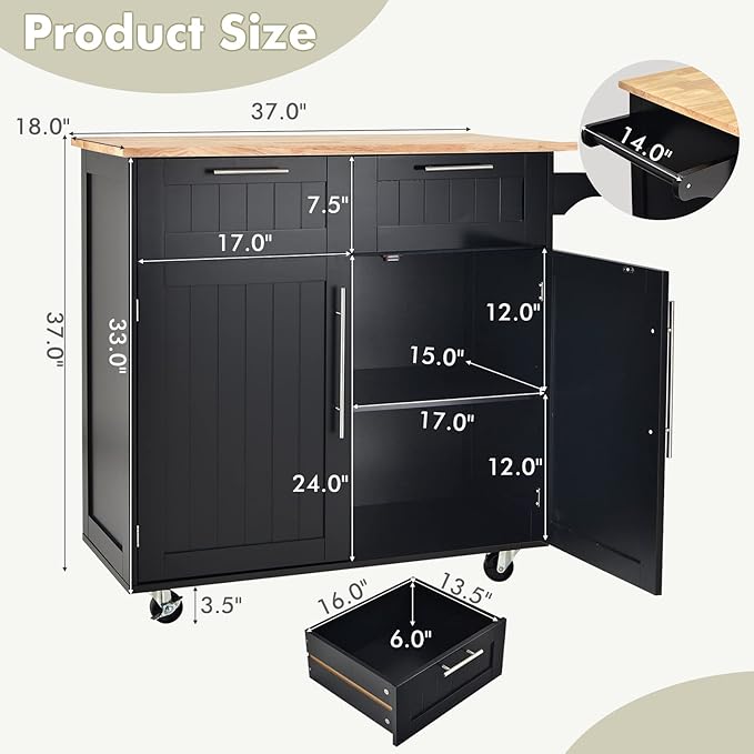 COSTWAY Kitchen Island Cart on Wheels, with Side Towel Bar, 2 Drawers, 2 Door Cabinet, Rolling Storage Trolley Cart with Rubber Wood Top & Lockable Casters (Black)
