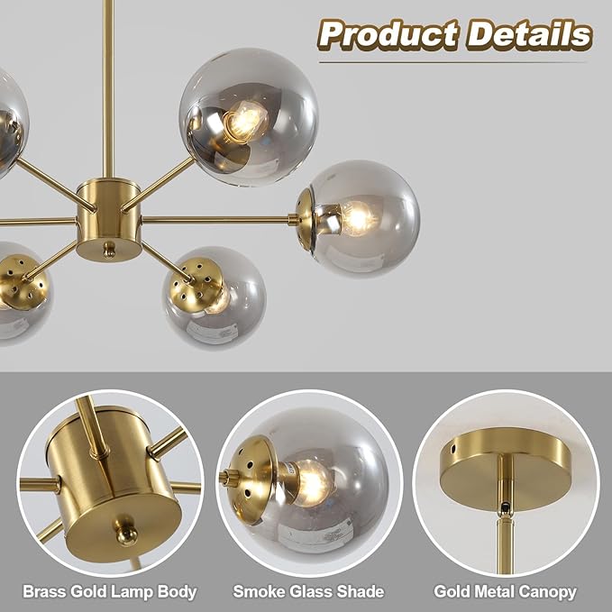 KCO Lighting Gold Globe Chandelier Smoke Bubble Glass Ball Pendant Lighting Fixture Modern 6-Light Brushed Brass Sputnik Chandelier Light Mid Century Hanging Ceiling Lamp for Living Room