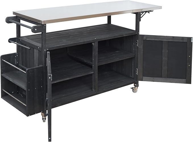 JIJIWANG 60.6" Mobile Kitchen Storage Island with Storage Cabinet and Towel Rack, Foldable Outdoor Kitchen Island with Stainless Steel Top and Lockable Wheels for Patio and Outdoor Black