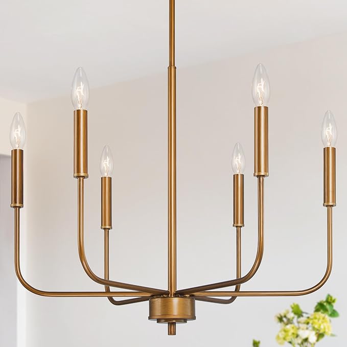 KSANA Modern Gold Chandeliers for Dining Room, 6-Light Kitchen Island Lights Farmhouse Candle Hanging Pendant Light Fixtures for Living Room Foyer Bedroom
