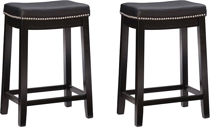 Linon Kingston Black Wooden Backless 26.5 Inch Seat Height Counter Stool with Black Faux Leather Upholstered Seat and Nailheads, Set of 2