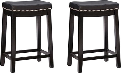 Linon Kingston Black Wooden Backless 26.5 Inch Seat Height Counter Stool with Black Faux Leather Upholstered Seat and Nailheads, Set of 2