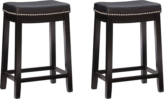 Linon Kingston Black Wooden Backless 26.5 Inch Seat Height Counter Stool with Black Faux Leather Upholstered Seat and Nailheads, Set of 2