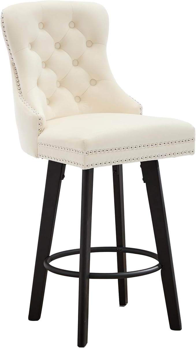 Modern Swivel Bar Stools Velvet Button Tufted Bar Stools Rivet Trim Bar Stools for Kitchen Island,Bistro, with Metal Pull Ring Sturdy Footrest Large Backrest for Home Bar