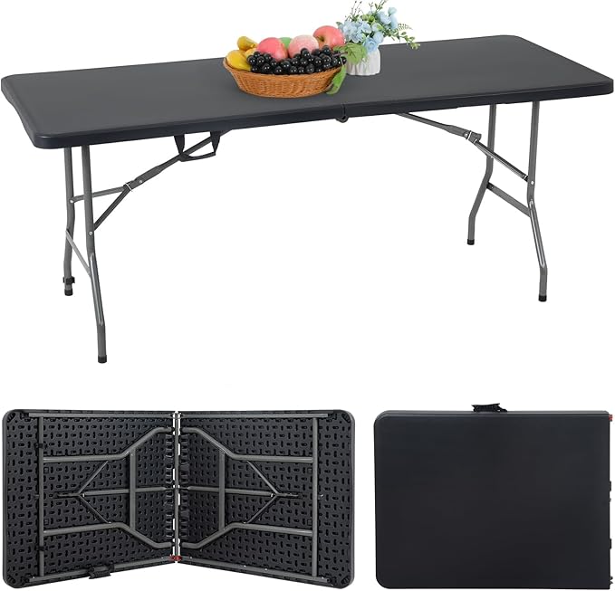 FDW Folding Half Portable Foldable Table for Parties Backyard Events (White, 6 FT 70 * 29) (Black, 6 FT)