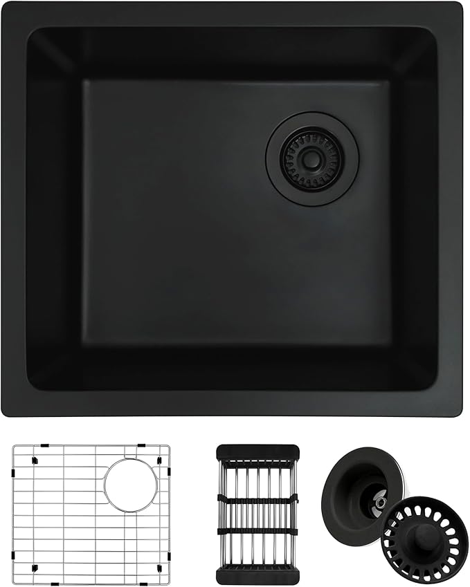 Black Bar Sink,Black Granite Composite Kitchen Sink With Accessories,19 Inch Undermount Quartz Stone Kitchen Sinks,19" x 17" x 9 Black Kitchen Sink with Offset Drain