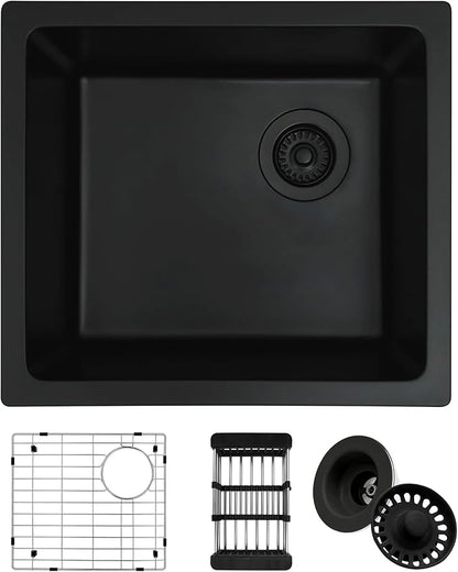 Black Bar Sink,Black Granite Composite Kitchen Sink With Accessories,19 Inch Undermount Quartz Stone Kitchen Sinks,19" x 17" x 9 Black Kitchen Sink with Offset Drain