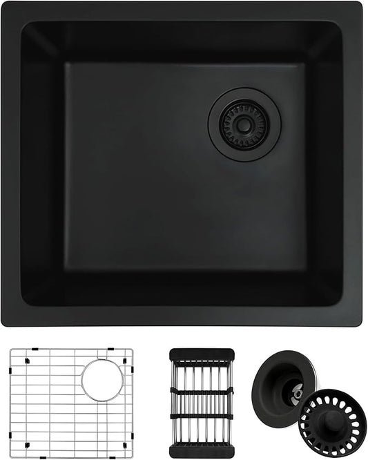 Black Bar Sink,Black Granite Composite Kitchen Sink With Accessories,19 Inch Undermount Quartz Stone Kitchen Sinks,19" x 17" x 9 Black Kitchen Sink with Offset Drain