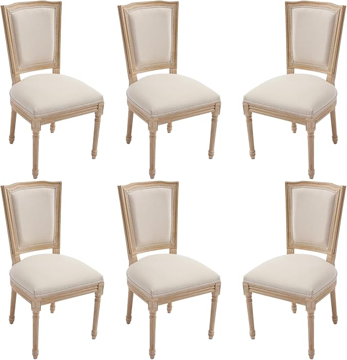 Farmhouse Vintage Dining Chairs Set of 6, Linen Fabric Dining Chairs with Square Rattan Backrest, Kitchen & Dining Room Chairs for Restaurant/Living Room (Beige-Padded, Set of 6)