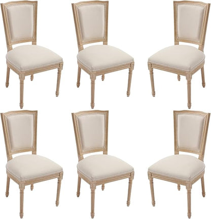 Farmhouse Vintage Dining Chairs Set of 6, Linen Fabric Dining Chairs with Square Rattan Backrest, Kitchen & Dining Room Chairs for Restaurant/Living Room (Beige-Padded, Set of 6)