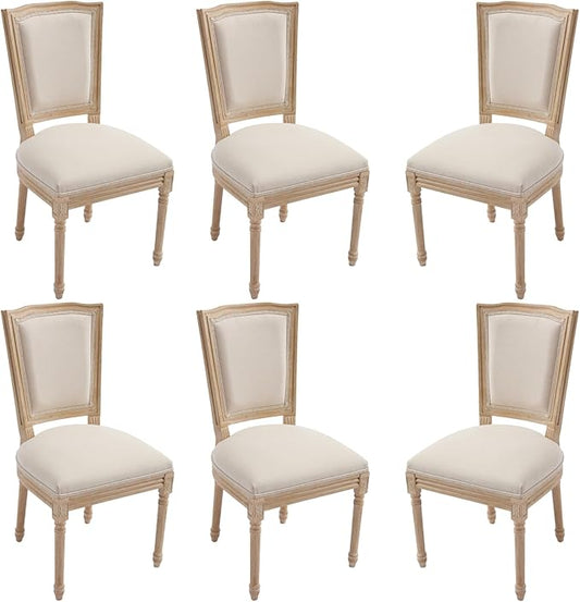Farmhouse Vintage Dining Chairs Set of 6, Linen Fabric Dining Chairs with Square Rattan Backrest, Kitchen & Dining Room Chairs for Restaurant/Living Room (Beige-Padded, Set of 6)