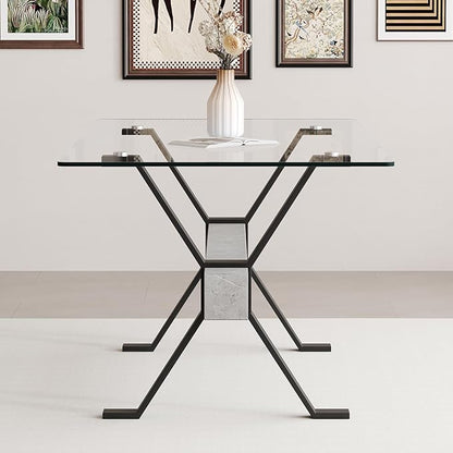 Glass Dining Table 71"｜Modern Dining Table for 6｜0.4" Thick Tempered Glass Top｜Matte Black Metal Legs｜Grey Crossbar｜Easy Assembly｜Perfect for Dining Room or Kitchen