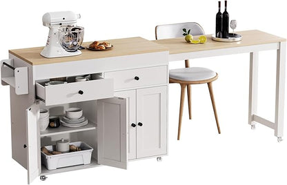 74.5 Inch Kitchen Island with Extendable Dining Table, Rolling on Wheels, Spice Rack, 2 Drawers, 4 Door Cabinet(White)
