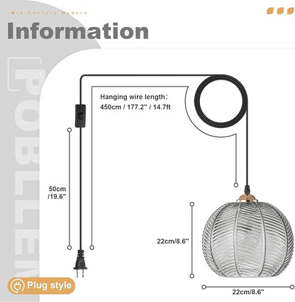 Smoke Gray Glass Plug in Pendant Light, Plug in Hanging Light Fixture with 8.7" Ribbed Globe Shade, Mid Century Modern Hanging Lamp Plug in Chandelier Lighting for Living Room Kitchen Bedroom