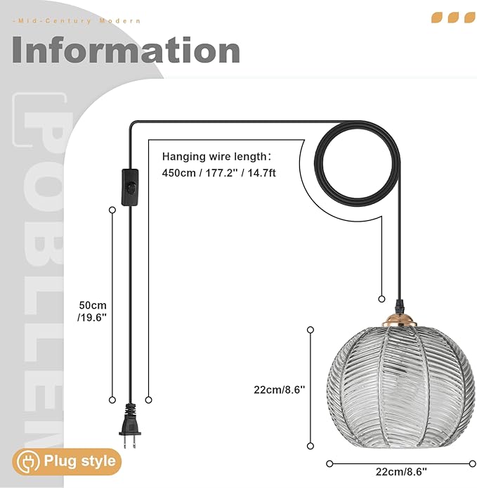 Plug in Globe Pendant Light Set of 2, Smoke Gray Glass Hanging Lights with 14.75Ft Plug in Cord, Vintage Ceiling Pendant Hanging Lamps for Living Room Bedroom Kitchen Dining Room