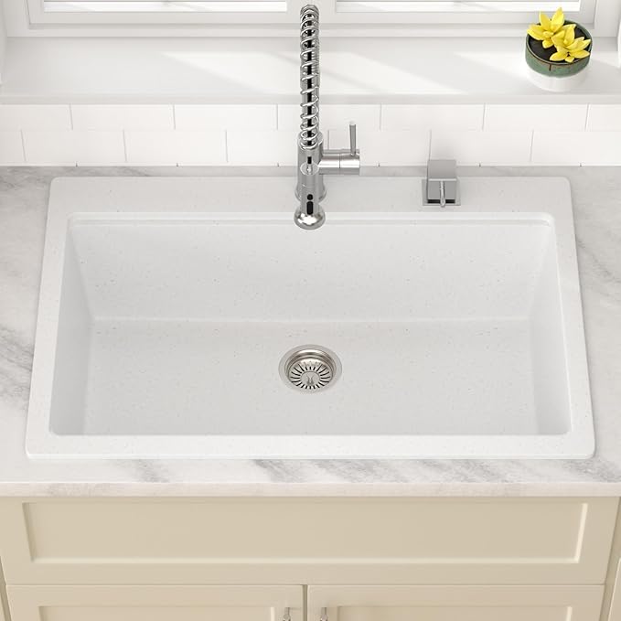 Dcolora 33 In. Quartz Drop In Kitchen Sink, White Workstation Single Bowl Topmount Sink, Granite Composite Build, 33" X 22" X 10" #DC-0002GWT