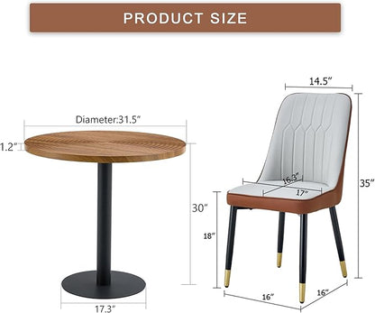 Round Dining Table Set with 2 Spliced Color PU Chairs, 31.5 Inch Dark Wood Grain Table with Suction Molding Annular Texture and Gold Leg Decoration, Modern for Kitchen and Dining Room