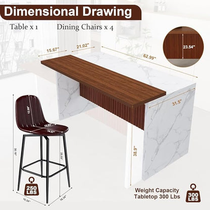 63 Inch Kitchen Island with 4 Deep Brown Bar Stools – White Marble Countertop, Integrated LED Lighting & Grille Design, Multi-Functional Breakfast Bar for Dining Rooms, (White+4dark Brown)