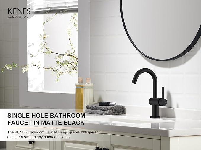 KENES Matte Black Bathroom Sink Faucet, Bathroom Faucets Single Handle Modern Prep Wet Bar Sink Faucets with Drain Assembly & Deck Plate, Farmhouse RV Camper Outdoor Utility Faucet, KE-9005B-2