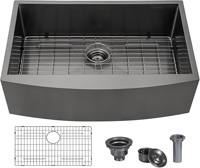 SHACO 33 Inch Black Farmhouse Sink, 33x21 Gunmetal Black 16 Gauge Stainless Steel Apron Front Sink, 9 Inch Deep Single Bowl Kitchen Sink