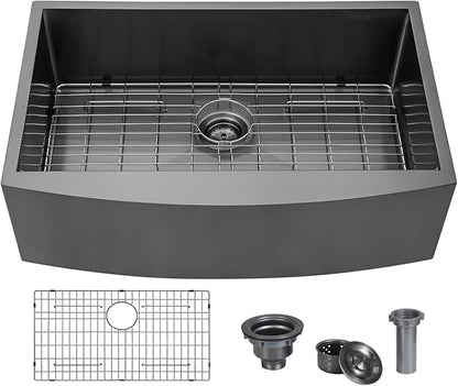 SHACO 33 Inch Black Farmhouse Sink, 33x21 Gunmetal Black 16 Gauge Stainless Steel Apron Front Sink, 9 Inch Deep Single Bowl Kitchen Sink