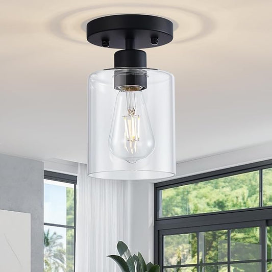 Black Semi Flush Mount Ceiling Light, 1-Light Ceiling Light Fixtures, Farmhouse Light Fixtures Ceiling Mount, Ceiling Lights with Glass Shade for Kitchen Hallway Foyer Entryway Bedroom(1 Pack)