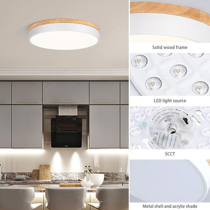 Modern Wood Flush Mount Ceiling Light, White LED 5CCT 2700K-6000K Dimmable Ceiling Light Fixtures, Round Close to Lighting Fixture for Kitchen Living Room Dining Room Bedroom-15.8in