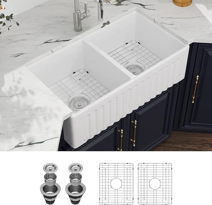 33 White Farmhouse Sink Double Bowl - Kichae 33 Inch Kitchen Sink Reversible Apron Front Fireclay Ceramic Porcelain White Double Basin 50/50 Kitchen Sink with Accessories