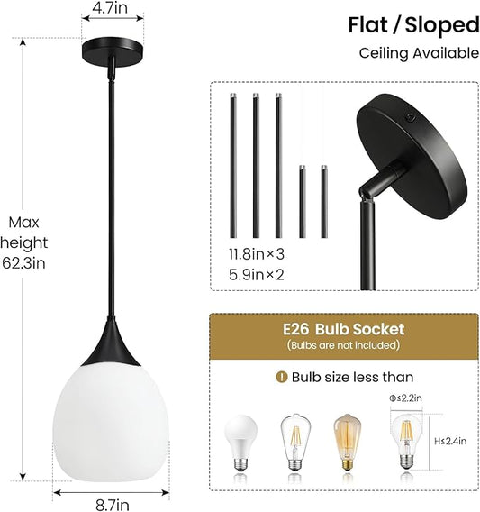 Kitchen Island Pendant Light: Mid Century Matte Black Hanging Light Fixtures with Frosted Glass Globe - 10 Inch Farmhouse Chandeliers Ceiling Lighting for Dining Room