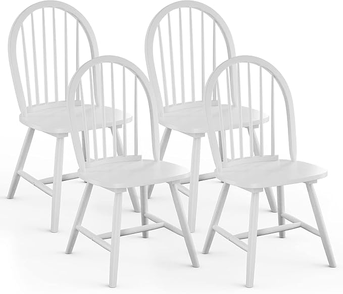 SIMOE White Windsor Dining Chairs Set of 4, Spindle Back Wood Kitchen Chairs with Solid Wood Legs, Mid-Century Modern Side Dining Chair for Living Dining Room, Restaurant