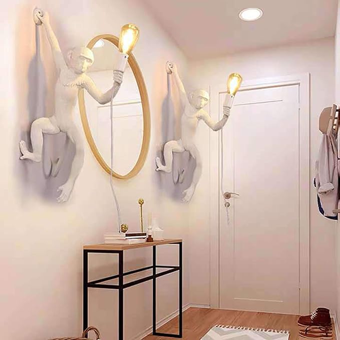 YIYIBYUS Monkey Wall Lamp, Vintage Resin Monkey Form Wall Lamp, Nordic Light Retro Resin Monkey Light Fixture, Modern Wall Lighting E26(Not Included) for Dining Living Room Bedroom (White)