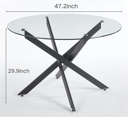 Round Glass Dining Table,Glass Dining Room Table with Metal Legs, Modern Round Kitchen Table for Home, Kitchen, Dining Room
