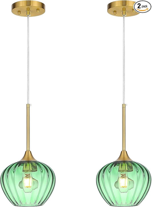2Pack Green Glass Pendant Light, 7" Modern Glass Pendant Lighting Vintage Green Ceiling Fixtures Mini Hanging Lamp for Kitchen Island Dining Room Restaurant Bar Bedroom