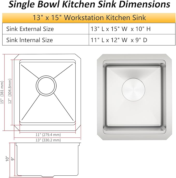Undermount Bar Sink, 16 Gauges 304S Stainless Steel Workstation Sinks with Accessories, 13" x 15" x 10" Small Kitchen Sink for RV,Outdoor,Kitchen,Bathroom and Wetbar
