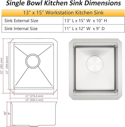 Undermount Bar Sink, 16 Gauges 304S Stainless Steel Workstation Sinks with Accessories, 13" x 15" x 10" Small Kitchen Sink for RV,Outdoor,Kitchen,Bathroom and Wetbar