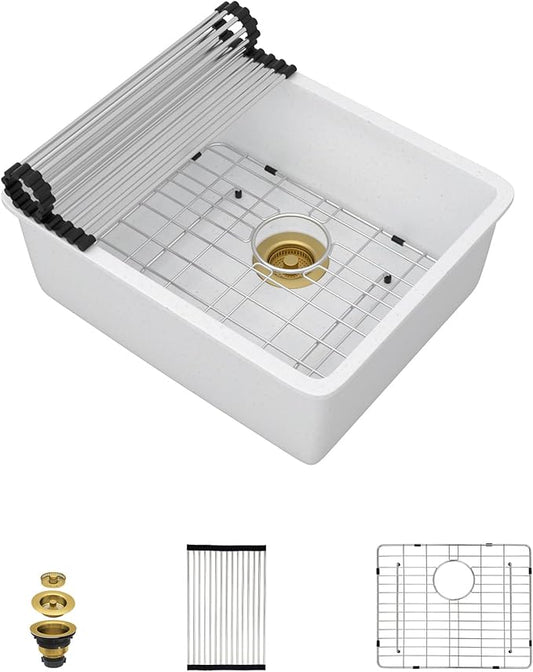 21 Inch White Undermount Bar Sink - Granite Composite Single Bowl Classic Quartz Wet Prep Sink for RV, Kitchen Bar, Boat, and Outdoor #TLGU-135