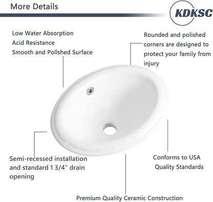 Bathroom Vessel Sink 16'' x 12'' Semi Recessed Bathroom Sink Oval Drop In Sink with Overflow White Ceramic Modern Vessel Sinks for Bathroom