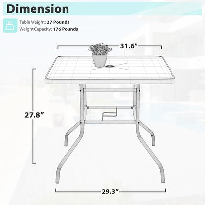 MKDLUFEI Square Outdoor Table, Patio Table with Umbrella Hole Tempered Glass Metal Table Outdoor Dining Table Garden for Deck, Yard, Balcony, Pool (Square)