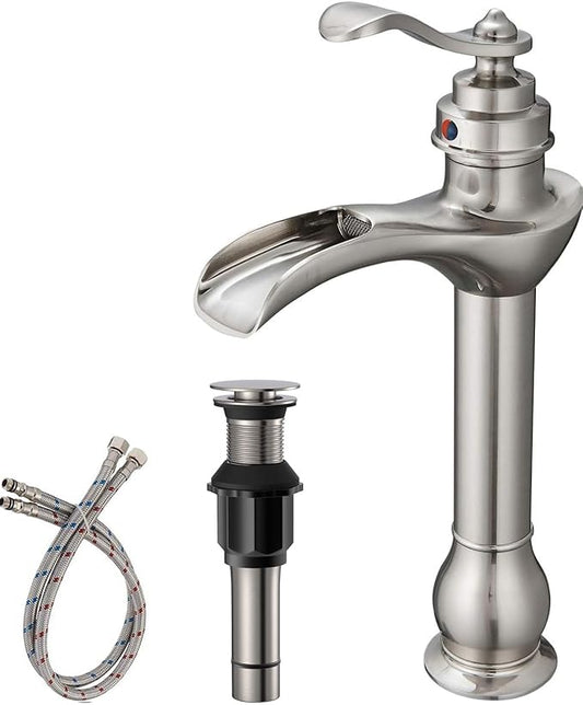 BWE Vessel Sink Faucet Waterfall Brushed Nickel with Pop Up Drain Assembly and Supply Hose Single-Handle Single Hole Bathroom Faucet Lavatory Mixer Tap Tall Body