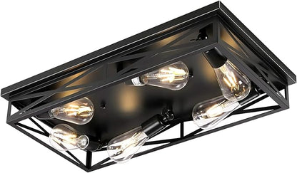 Flush Mount Ceiling Light Fixture,6-Light Black Farmhouse Flush Mount Light Fixture Kitchen Lights, 23" Metal Cage Closed to Ceiling Mounted Lights for Kitchen Hallway Entryway E26 Base